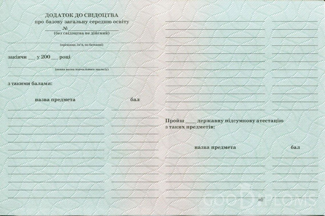 Украинский аттестат за 9 класс - Обратная Сторона приложения- Черкассы
