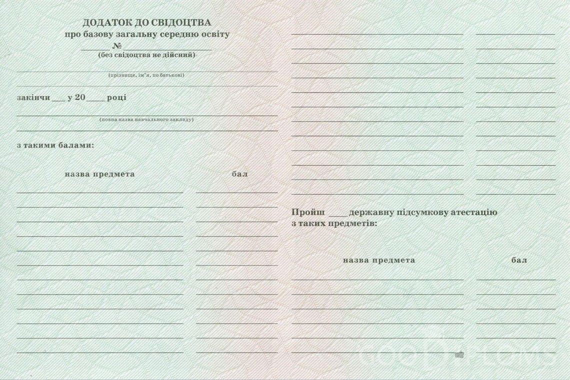 Украинский аттестат за 9 класс - Обратная сторона приложения- Черкассы